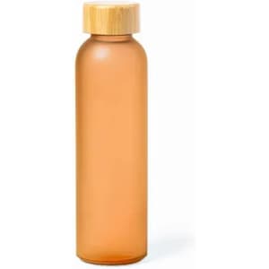 A drink bottle in a translucent amber colour with a wooden cap and a minimalist design.