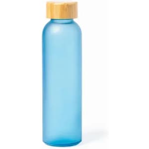 A drink bottle in a translucent blue shade with a wooden bamboo lid and a sleek design.