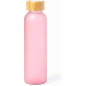 A drink bottle in a soft pink colour with a bamboo lid and a simple design. It features a logo on the side.