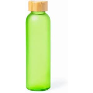A drink bottle in a vibrant green colour with a bamboo lid and a sleek, minimalist design.
