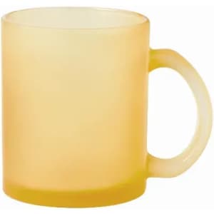 A drink bottle in a frosted yellow hue with a handle, featuring a round cup shape.