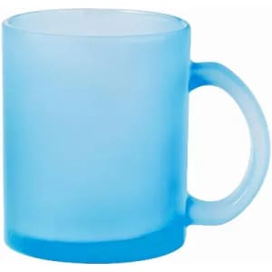 A drink bottle in frosted blue with a sturdy handle and rounded body. It features a simple branding logo.