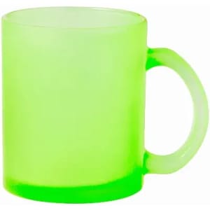 A drink bottle in a translucent bright green colour with a handle and smooth finish. It features a logo.
