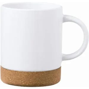 A drink bottle with a white body and a cork base, featuring a handle. It has a simple, modern design.