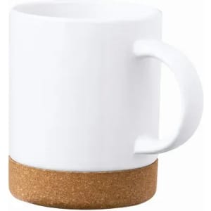 A white mug with a cork base, featuring a simple handle and a smooth surface.