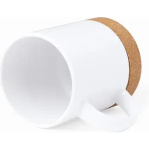 A white mug with a cork base, featuring a sturdy handle and a smooth interior.