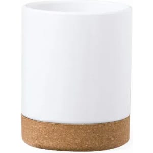 A drink bottle featuring a smooth white body and a natural cork base, with a simple design and a logo.