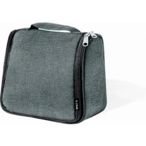 A grey insulated lunch bag with a handle and zip closure, featuring a logo on the side.
