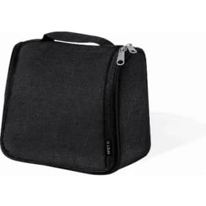 A black insulated lunch bag with a zip closure and a handle on top. It features a simple and compact design.
