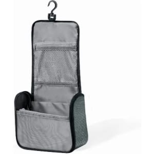 A hanging toiletry bag in grey with multiple compartments and a hook for easy access.