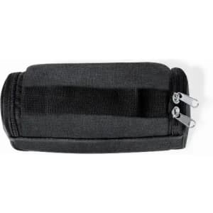 A black zippered pouch with a fabric strap, featuring dual zippers and a sleek design.