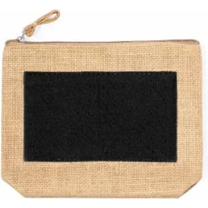 A zip pouch in natural burlap with a black canvas panel and a woven loop on the zipper.