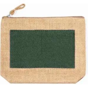 A green and natural jute pouch with a zip closure and a hanging loop, featuring a textured fabric design.
