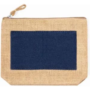 A natural jute pouch featuring a navy blue fabric panel and a zip closure. The design is simple and eco-friendly.