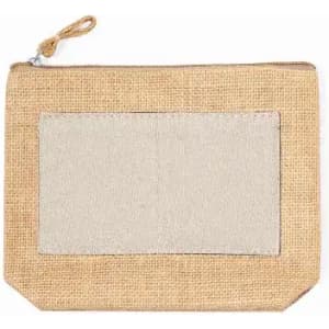 A jute pouch with a zip closure and a plain fabric patch on the front for branding or personalisation.