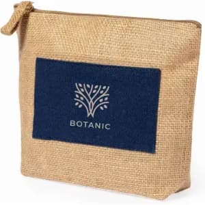 A small, natural jute pouch with a navy blue patch and a logo on the front.