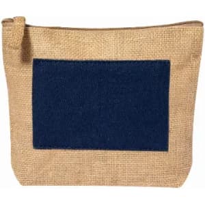 A jute pouch in natural brown with a navy blue fabric patch, featuring a zip closure at the top.