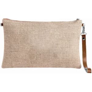 A clutch bag made of natural, textured beige fabric with a brown leather strap and a metal zipper.