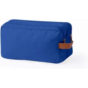 A blue toiletry bag with a brown handle and a zip closure. It has a rectangular shape and a sturdy design.