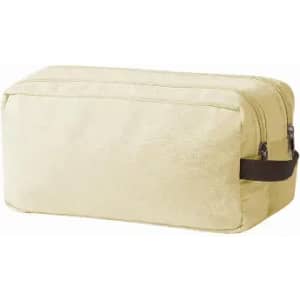 A rectangular beige toiletry bag with a zip closure and a brown carry handle.