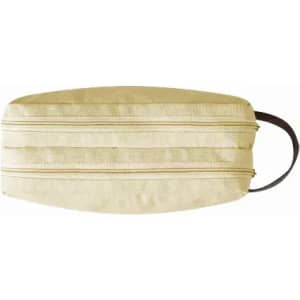 A cream-coloured pencil case with a zipper and a handle on one side. It has a smooth texture and a streamlined design.