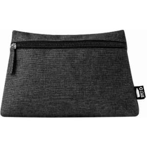 A zippered pouch in black fabric with a textured finish, featuring a small tag on one side.