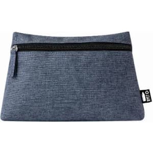 A grey fabric pouch with a zippered closure and a small tag, featuring a textured finish.