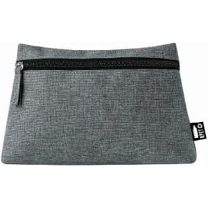 A grey zippered pouch with a textured finish and a small tag on the side.