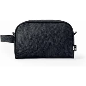 A black cosmetic bag with a zip closure and a side handle, featuring a branding tag.