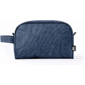 A cosmetic bag in a grey denim texture, featuring a zip closure and a convenient handle. It has a branded tag.