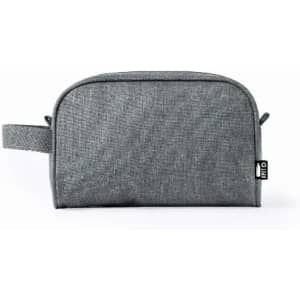 A grey toiletry bag with a handle and a branded tag on the side. The fabric has a textured finish.