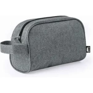 A grey toiletry bag with a handle and a zip closure, featuring a simple design and no visible logos.