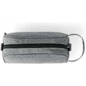 A grey storage bag featuring a zip closure and a side handle for easy carrying.