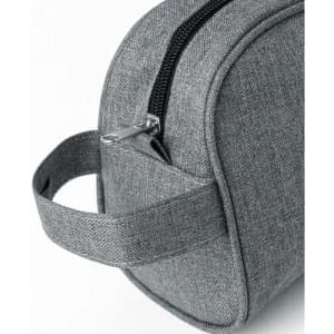 A grey zippered cosmetic bag with a handle on the side. It features a textured fabric design.