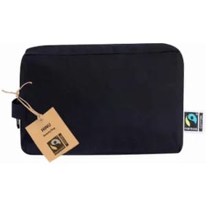 A black zippered pouch with a tagging, featuring a tag and a logo.