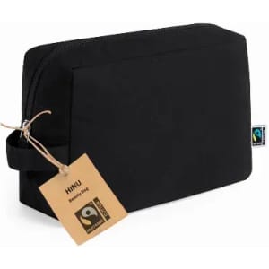 A black beauty bag with a zip closure and a hand tag, featuring a branding logo.