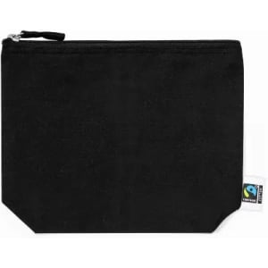 A black pouch with a zip closure, featuring a branded tag on the side.