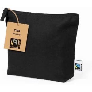 A black cotton bag with a zipper closure, featuring a hang tag for "Yink" and a Fairtrade logo.