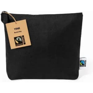 A black beauty bag made of cotton, featuring a tag and a logo. The bag has a zip closure.