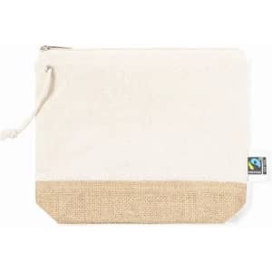 A pouch featuring a white fabric body with a natural jute bottom, complete with a zipper and a branding label.