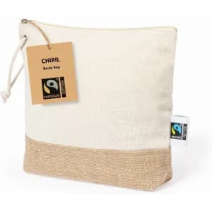 A Fairtrade beauty bag in cream with a hessian base, featuring a drawstring and a logo.