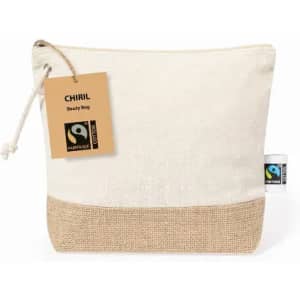 A cosmetic bag in cream and natural jute with a drawstring closure and branding on the side.