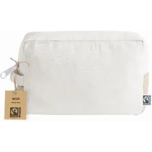 A cosmetic bag in light cream with a textured finish and a branding label attached.