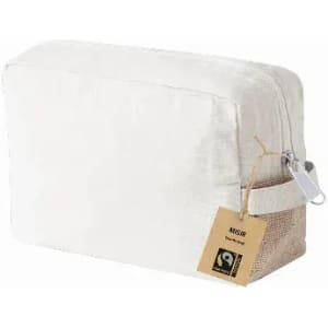 A cosmetic bag in cream and natural jute, featuring a zipper and a tag, showcasing a Fairtrade design.