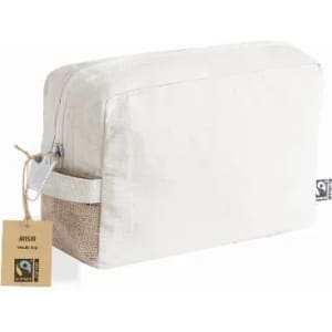 A white cosmetic bag featuring a natural jute bottom and a zipper closure, with a tag attached.