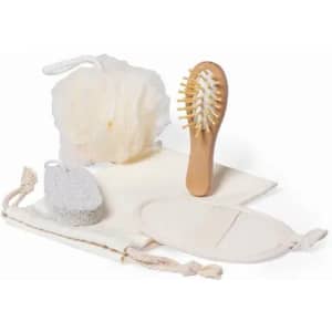 A bath set featuring a loofah, a wooden hairbrush, a pumice stone, and cotton storage bags in neutral tones.