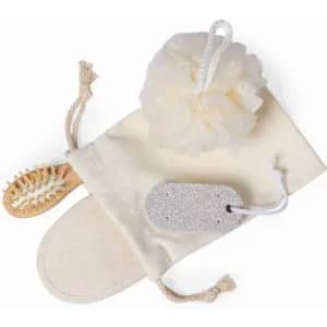 A bath gift set featuring a loofah, a pumice stone, a wooden brush, and a canvas pouch, all in neutral colours.