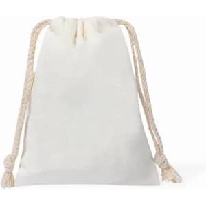 A drawstring pouch in white fabric, featuring a rope closure at the top. Simple and versatile design.