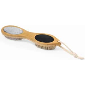 A dual-sided grooming brush with a wooden handle, featuring a bristle side and a smoothing side with a metal surface.