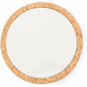 A round mirror with a natural cork frame, featuring a smooth, reflective surface.